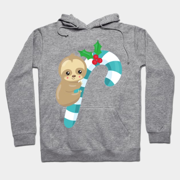 Christmas Sloth, Cute Sloth, Candy Cane, Mistletoe Hoodie by Jelena Dunčević